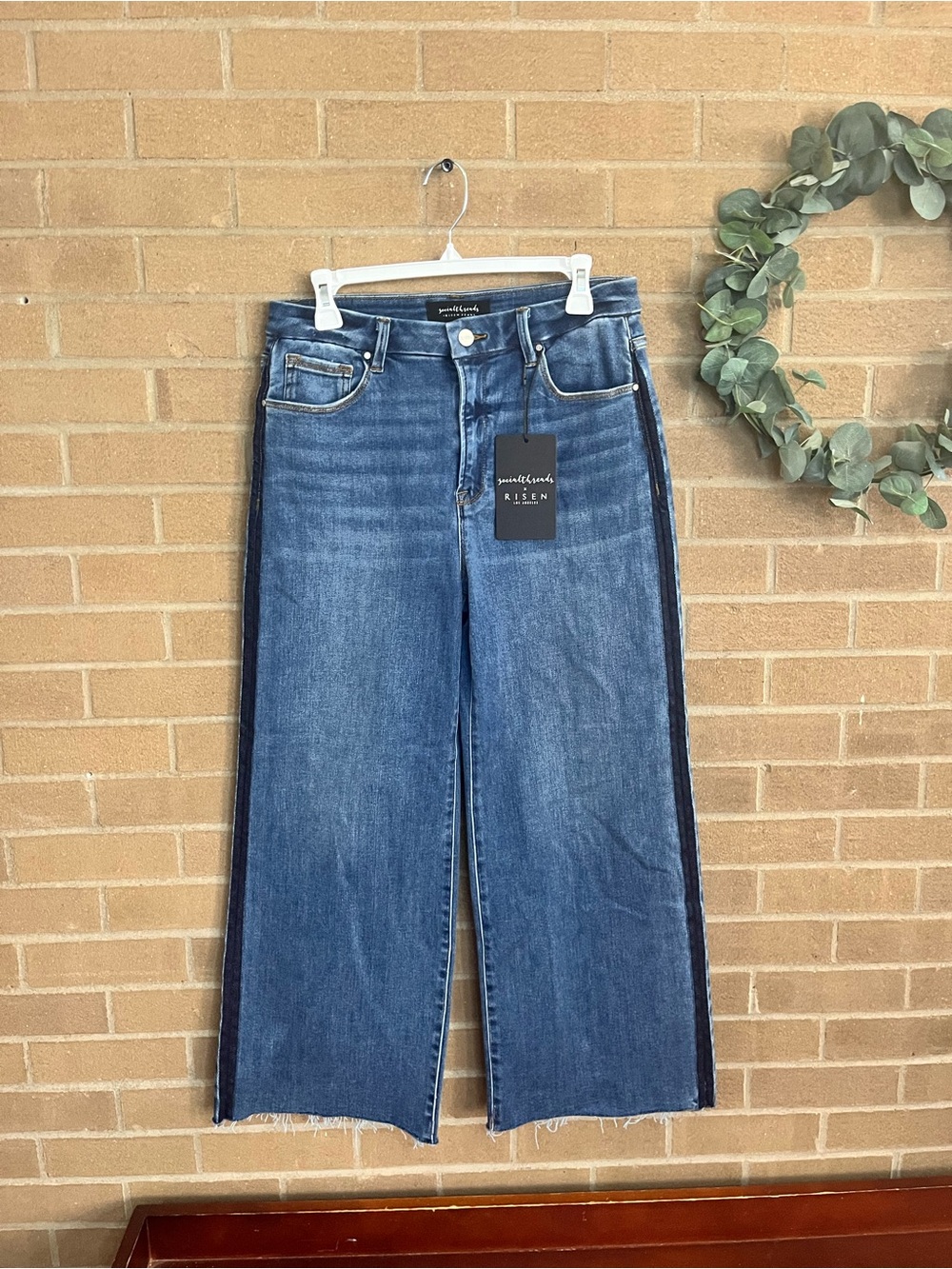 Risen Two-Tone Cropped Wide Leg Jeans in Medium Blue